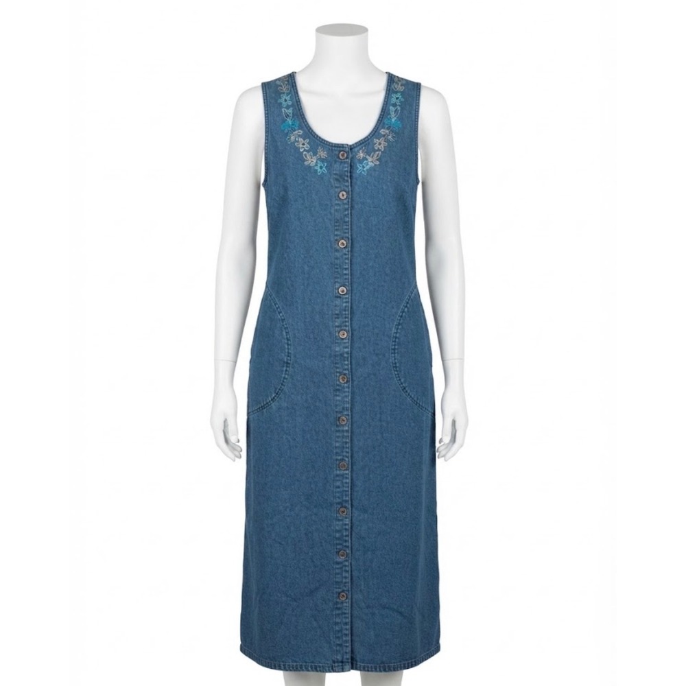 White Stag Denim Jumper Dress Size S/M Blue Floral Embroidered Midi
